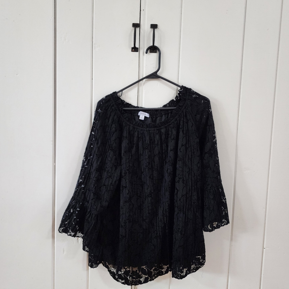 John Paul Richard Black Lace 3/4 Sleeve Top XL